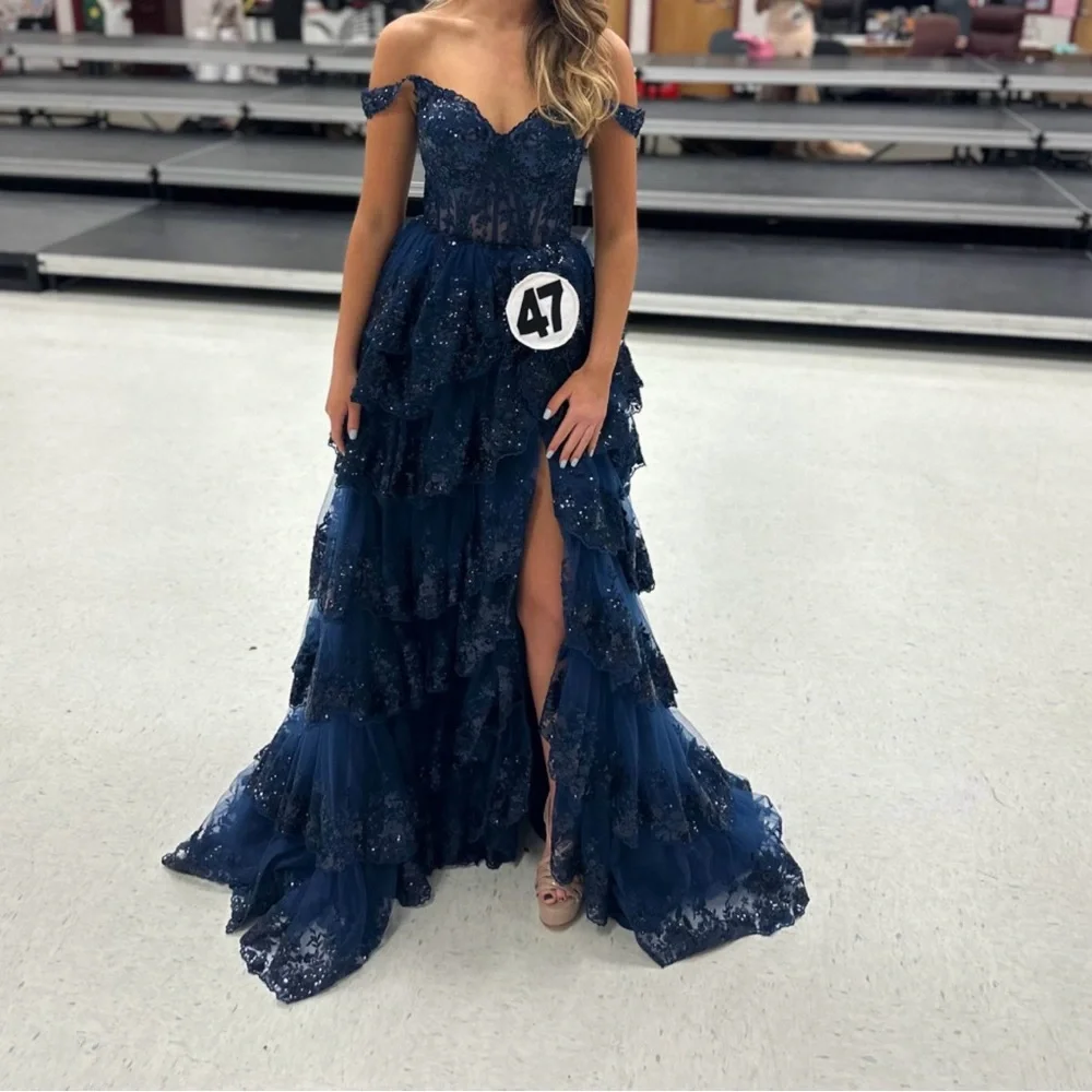 Sherri Hill Midnight Blue Layered Prom Dress - Picture 1 of 3